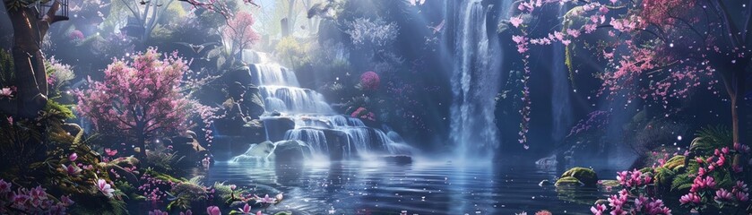 A fantasy garden landscape with magical waterfalls and an abundance of blossoming flowers