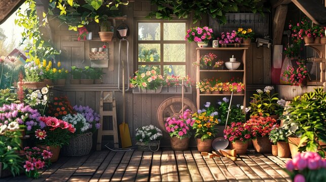 A cozy garden nook filled with blooming flowers and gardening tools