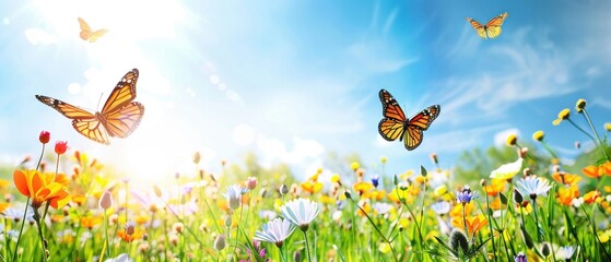 A Peaceful spring meadow with flying butterflies and a clear blue sky on a sunny day.