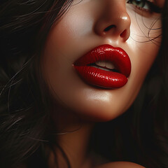 Obraz premium Beautiful woman with red lips and black hair. Closeup portrait.