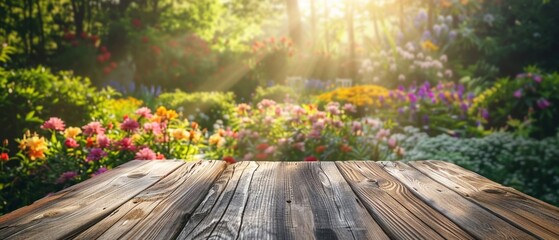 A perspective of a wooden table stretches towards a vibrant lush garden bathed in soft sunlight