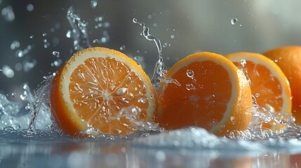 Citrus fruits splashing in water, dynamic motion, droplets frozen in time, bright clean background 