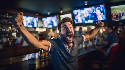 Exciting sports bar scene charismatic barman pours beer fans watch games
