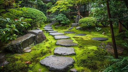 A serene stone path meanders through a lush moss-covered Japanese garden
