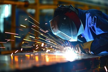 A skilled worker welding with bright sparks in an industrial manufacturing plant. - obrazy, fototapety, plakaty