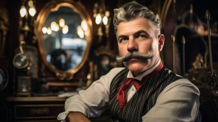 Obraz premium Elegant French barbershop scene precision mustache grooming antique style