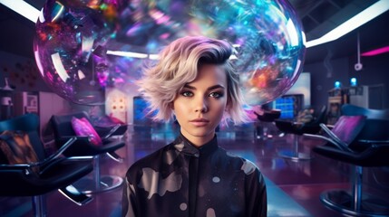 Fototapeta premium Space salon scene female stylist with levitating tools holographic galaxy setting