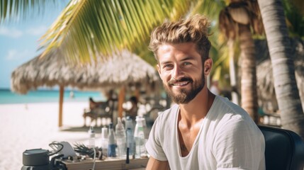Male stylist at beach salon incorporates seashells ocean and palm scenery