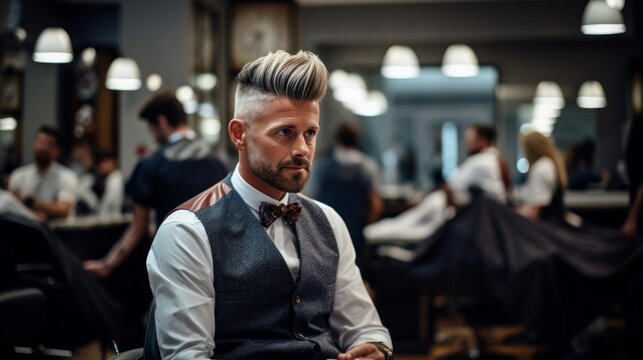 Bustling city salon scene skilled male hairdresser multitasking urban energy - Powered by Adobe