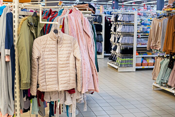 stylish modern outerwear in a supermarket