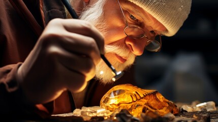 Close-up on paleontologist extracting insect from amber magnifying glass and specimens - obrazy, fototapety, plakaty