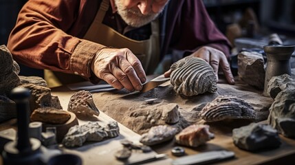 Paleontologist reveals trilobite fossil precise chiseling geological context shown