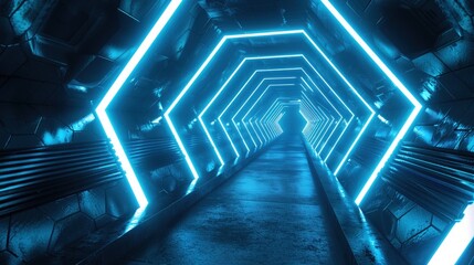 An Interior of a futuristic tunnel with glowing blue neon hexagonal patterns.