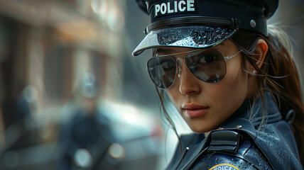 Young female police officer with reflective sunglasses, detail focus, uniform, serious expression.