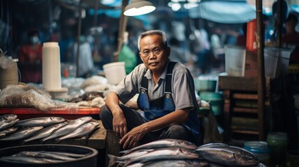 Geographer explores fish market local fishery interviews colorful stalls backdrop - obrazy, fototapety, plakaty
