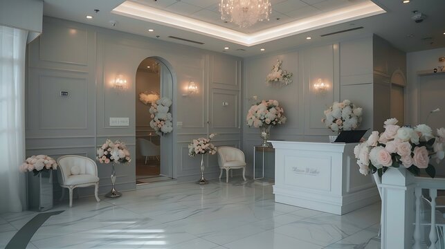 an image of a romantic and elegant nail business room with soft grey lighting and floral arrangements