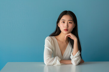 Portrait of a beautiful Korean woman with long hair in a white dress sitting at a table and posing against an isolated blue background for beauty and skin care product advertising