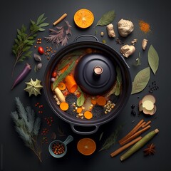 Cooking pot and various organic ingredients, top view hot soup in the cauldron all kinds of healthy food delicious grasses vegetable hotpot goulash Generative AI 