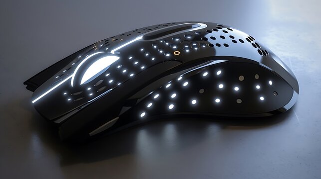an image of a sleek black computer mouse with futuristic LED patterns and a touch-sensitive surface