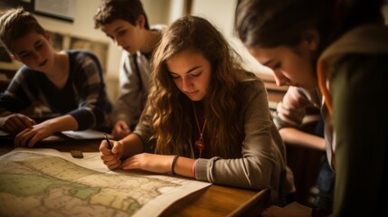History teacher assists student middle school maps and textbooks on desk - Powered by Adobe