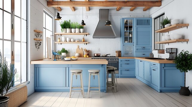 an image of a modern farmhouse blue kitchen with a mix of rustic and contemporary elements
