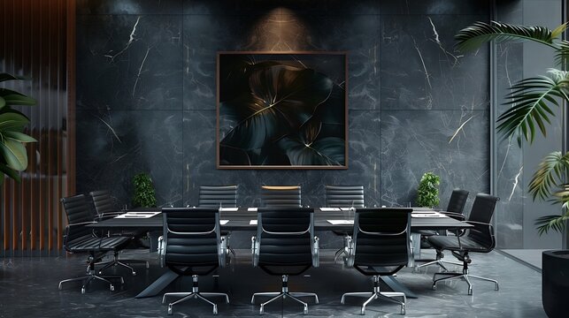 an image of a sophisticated conference room with dark grey marble walls and an artistic poster that complements the ambiance