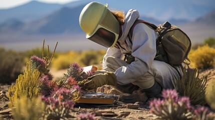 Desert botanist studies succulents protective gear adaptability in arid environments - obrazy, fototapety, plakaty