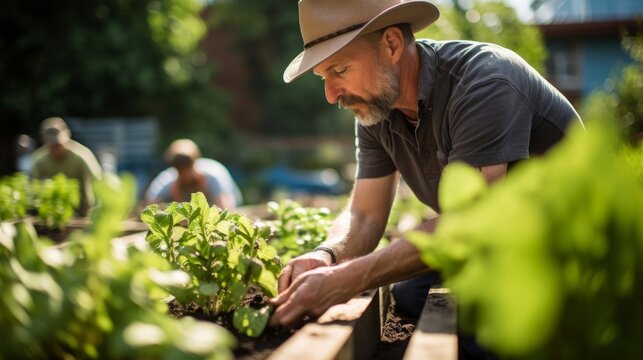 Community garden botanist with volunteers cultivating crops urban gardening collaboration