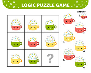Logic puzzle game with hot drink. Squishmallow. For kids. Cartoon, kawaii, vector