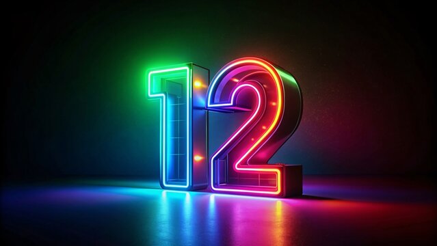 Number 12 illuminated in neon style on dark background, 12 birthday and anniversary concept
