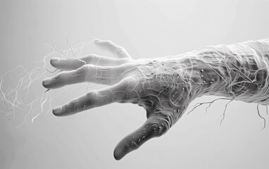 Data-sensitive vasculature beneath transparent fingers: intricate outlines against a light gray background