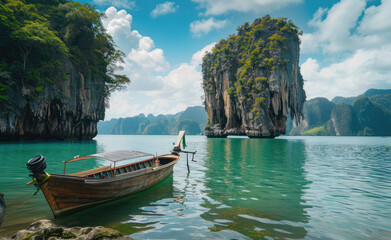 The breathtaking island of Phuket, Thailand with its iconic James Bond beach and traditional longtail boats