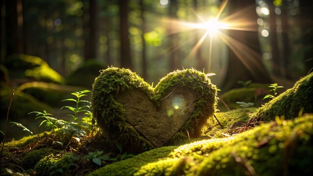 Heart made of green moss in the forest at sunset. Beautiful natural background
