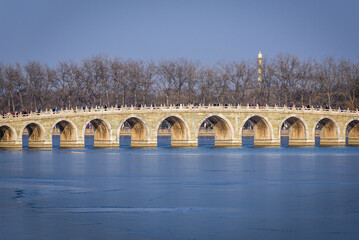 Seventeen Arch Bridge between Kunming Lake and Nanhu Island, Summer Palace in Beijing, China