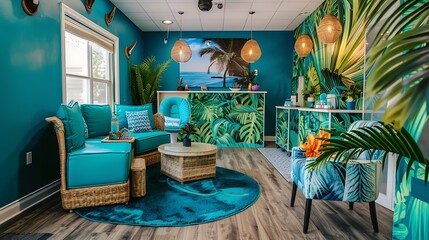 an image of a tropical paradise-themed nail studio with vibrant blue and green colors