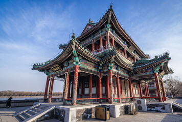 Fototapeta premium Jingming Tower on a West Causeway over Kunming Lake, Summer Palace in Beijing, China