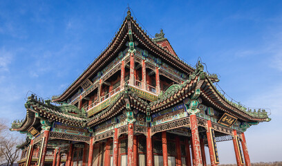 Fototapeta premium Jingming Tower on West Causeway over Kunming Lake, Summer Palace in Beijing, China