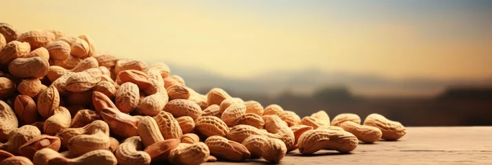 Foto op Aluminium Organic peanuts on blurred banner background with copy space, healthy snack concept © chelmicky