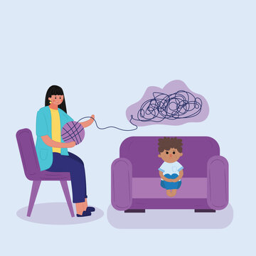 Child psychiatrists work with small boy. Psychological consultation in a hospital, school or kindergarten. Kid psychology after domestic violence or accident concept. illustration,vector