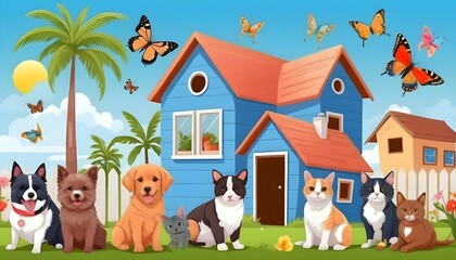 Obraz na płótnie Canvas National pet day theme along with cute animals including dogs cats parrots and other birds along with grass palm trees fruits trees blue sky sun and plants of cute flowers butterflies behind houses