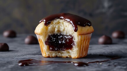an image of a vanilla muffin with a surprise filling, like a burst of fruity jam or chocolate ganache