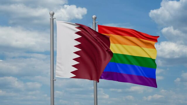 LGBT movement flag also Gay Pride and Qatar two flags waving cycle looped video, tolerance conception in country