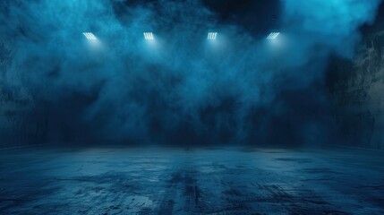 concept of dark blue background, empty dark scene, neon lights, spotlights Asphalt floor and studio room.