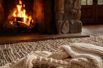 Obraz premium A cozy blanket rests on the floor in front of a crackling fireplace, radiating warmth and comfort in a winter setting
