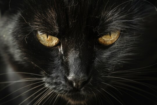 A detailed view of a black cat with striking yellow eyes, embodying the mystery and folklore associated with Halloween
