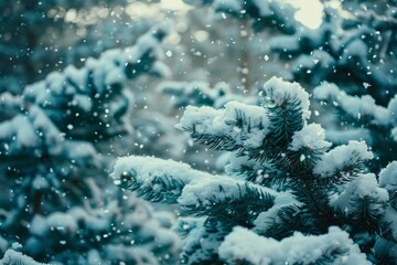 A detailed view of snow clinging to the branches of a pine tree, showcasing the winter beauty of the forest