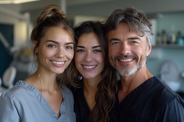 Fototapeta premium A man and two women in formal wear smiling together at dental office