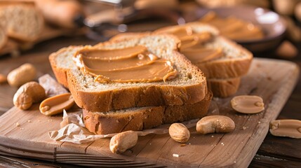 Obraz na płótnie Canvas Peanut butter on a slice of bread over table, healthy traditional sandwich
