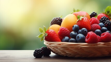 Fresh organic fruit and berries in basket on blurred outdoor background with copy space for text