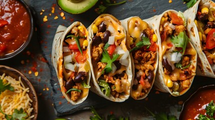 Burrito is a traditional dish of Mexican cuisine, consisting of a flour tortilla usually filled with different ingredients, most variants use beans and meat (beef, pork or chicken) with side dishes - obrazy, fototapety, plakaty